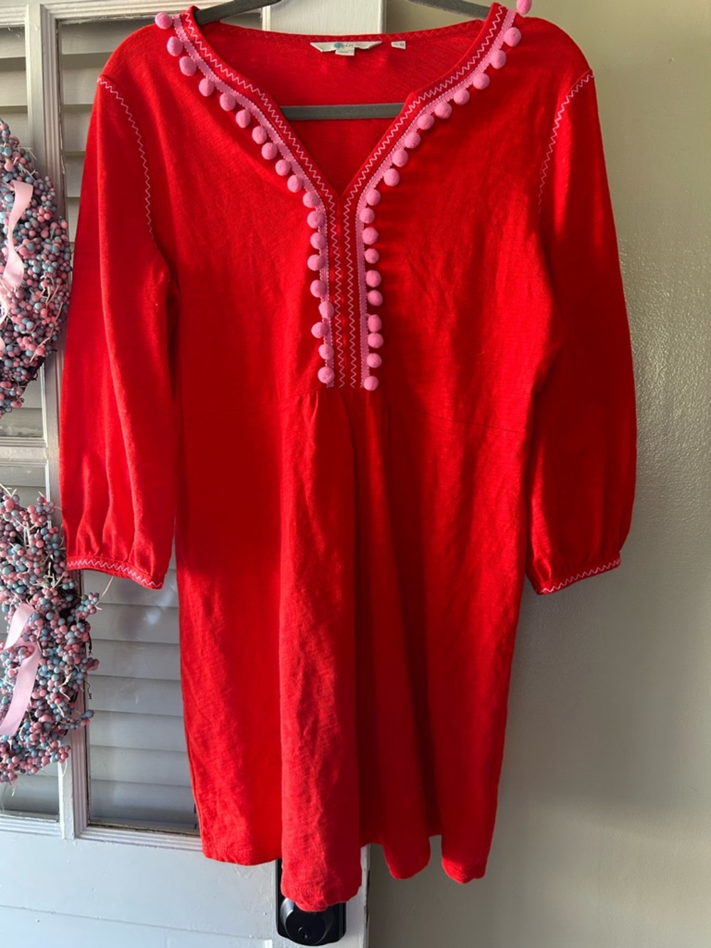 Boden Red Midi Dress with Pink Pom-Pom Trim